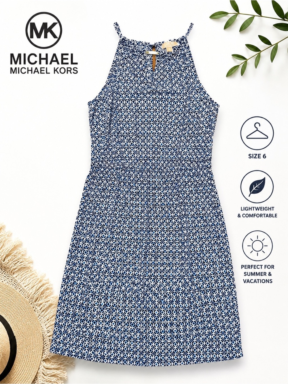Michael Kors Blue Geometric Halter Sheath Dress Gold Bar Size 6